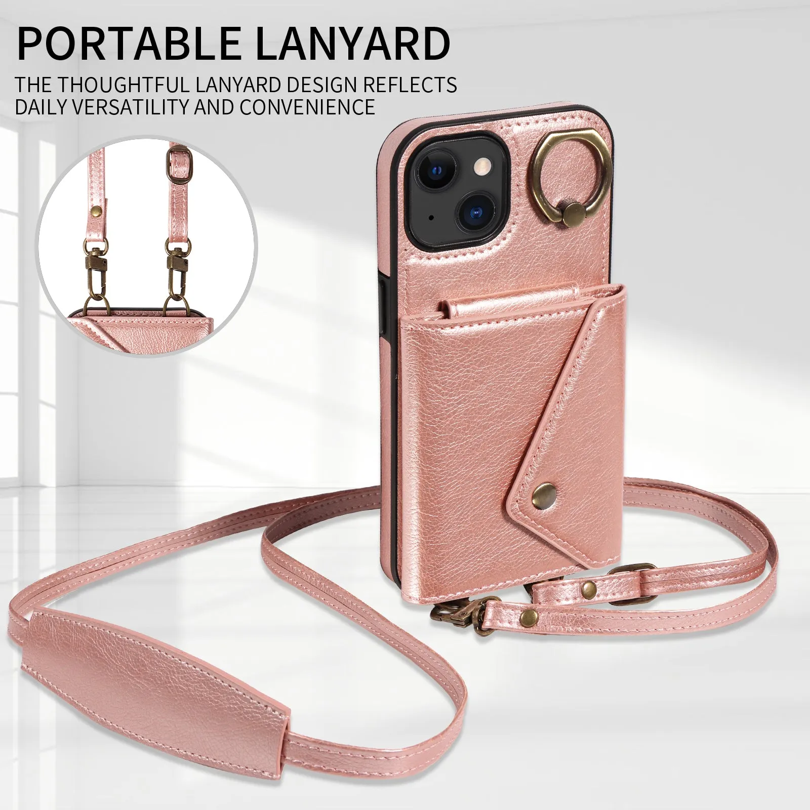 002 Anti-Drop Phone Shell for iPhone 15 Ring Kickstand Phone Case Litchi Texture PU TPU Cover with Shoulder Strap