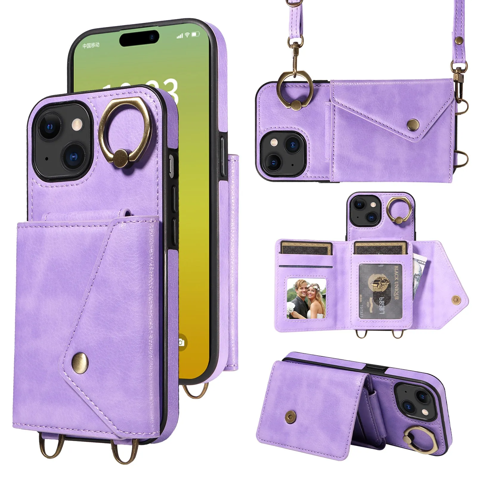 002 Anti-Drop Phone Shell for iPhone 15 Ring Kickstand Phone Case Litchi Texture PU TPU Cover with Shoulder Strap