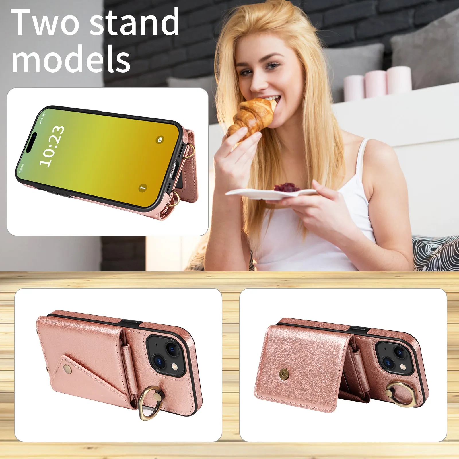 002 Anti-Drop Phone Shell for iPhone 15 Ring Kickstand Phone Case Litchi Texture PU TPU Cover with Shoulder Strap