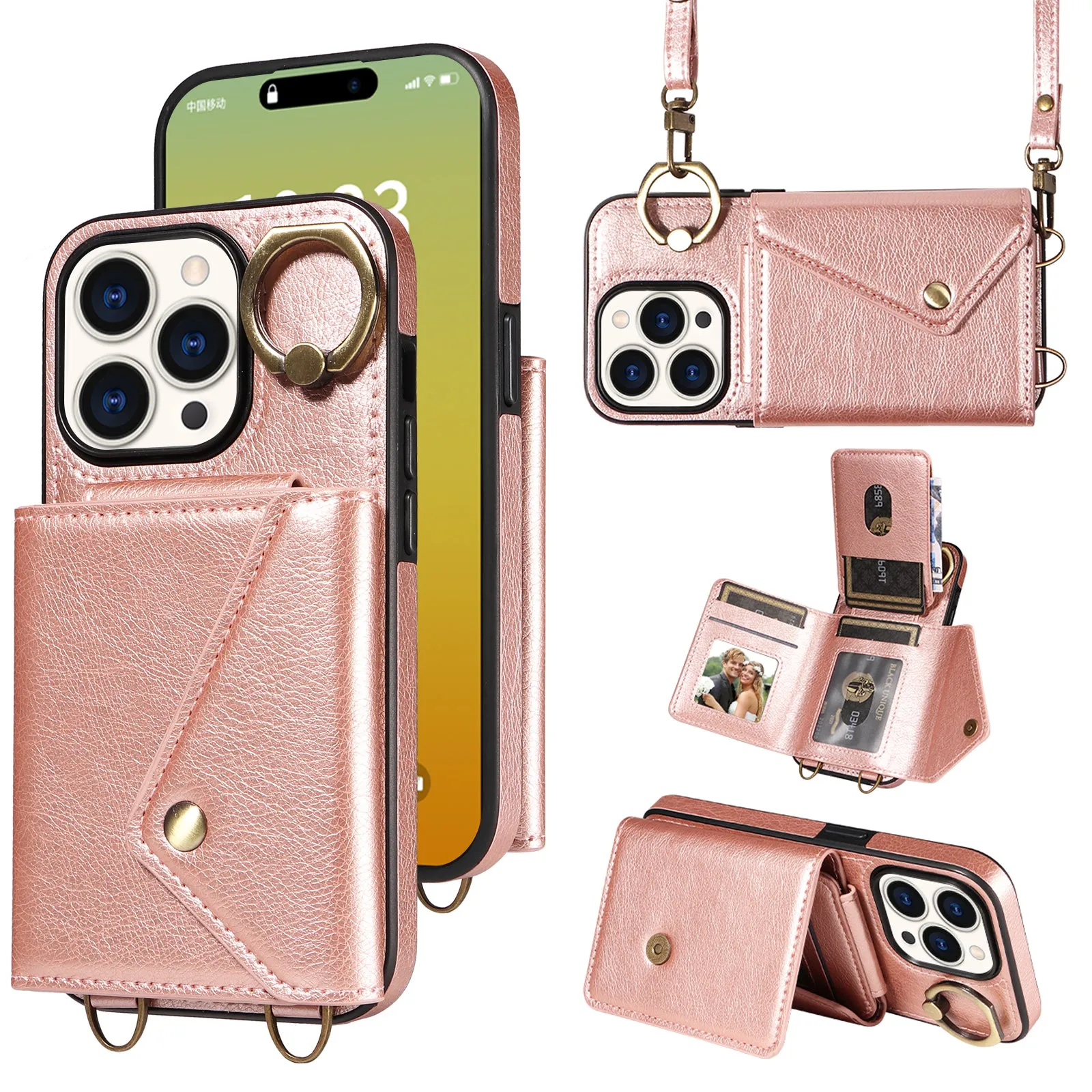 002 Anti-Fall Phone Shell for iPhone 15 Pro Shockproof Case Litchi Texture PU TPU Kickstand Cover with Shoulder Strap