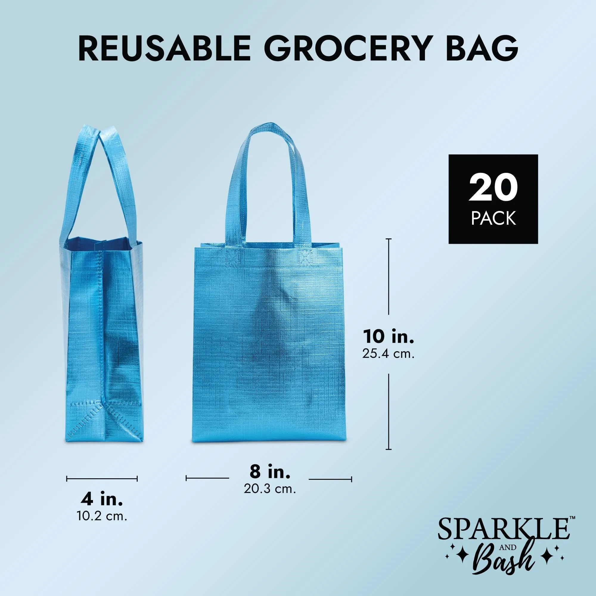 20-Pack Non-Woven Reusable Shopping Bags with Handles, 8x3.9x10-Inch Metallic Blue Tote Bags for Groceries and Gifts