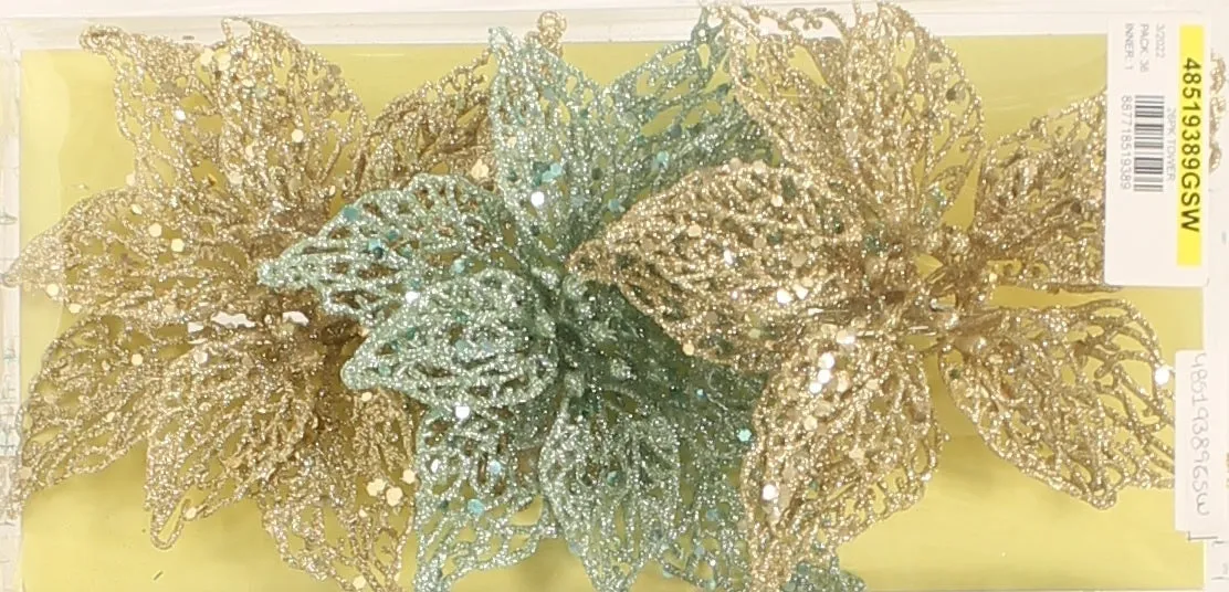 3-Pack of Glitter Poinsettia Silhouette Ornaments (Gold/Light Green)