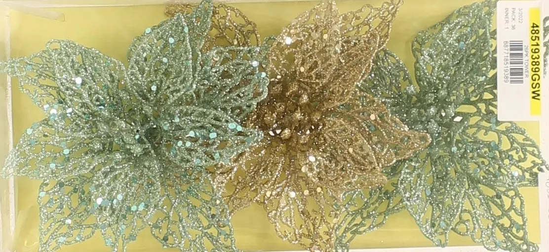 3-Pack of Glitter Poinsettia Silhouette Ornaments (Gold/Light Green)