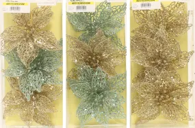 3-Pack of Glitter Poinsettia Silhouette Ornaments (Gold/Light Green)