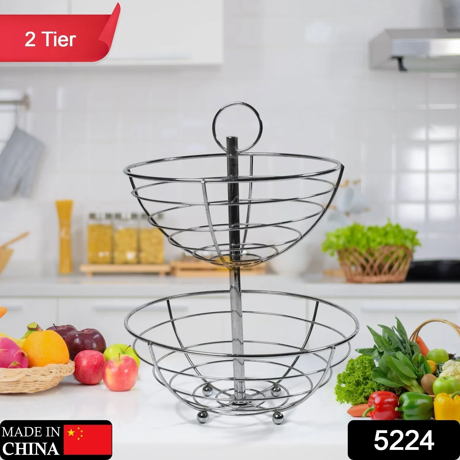 5224  2 Tier Steel Fruit Basket Bowl Fruit Bread Organizer Storage Holder Stand with Modern Design for Gift Home Party