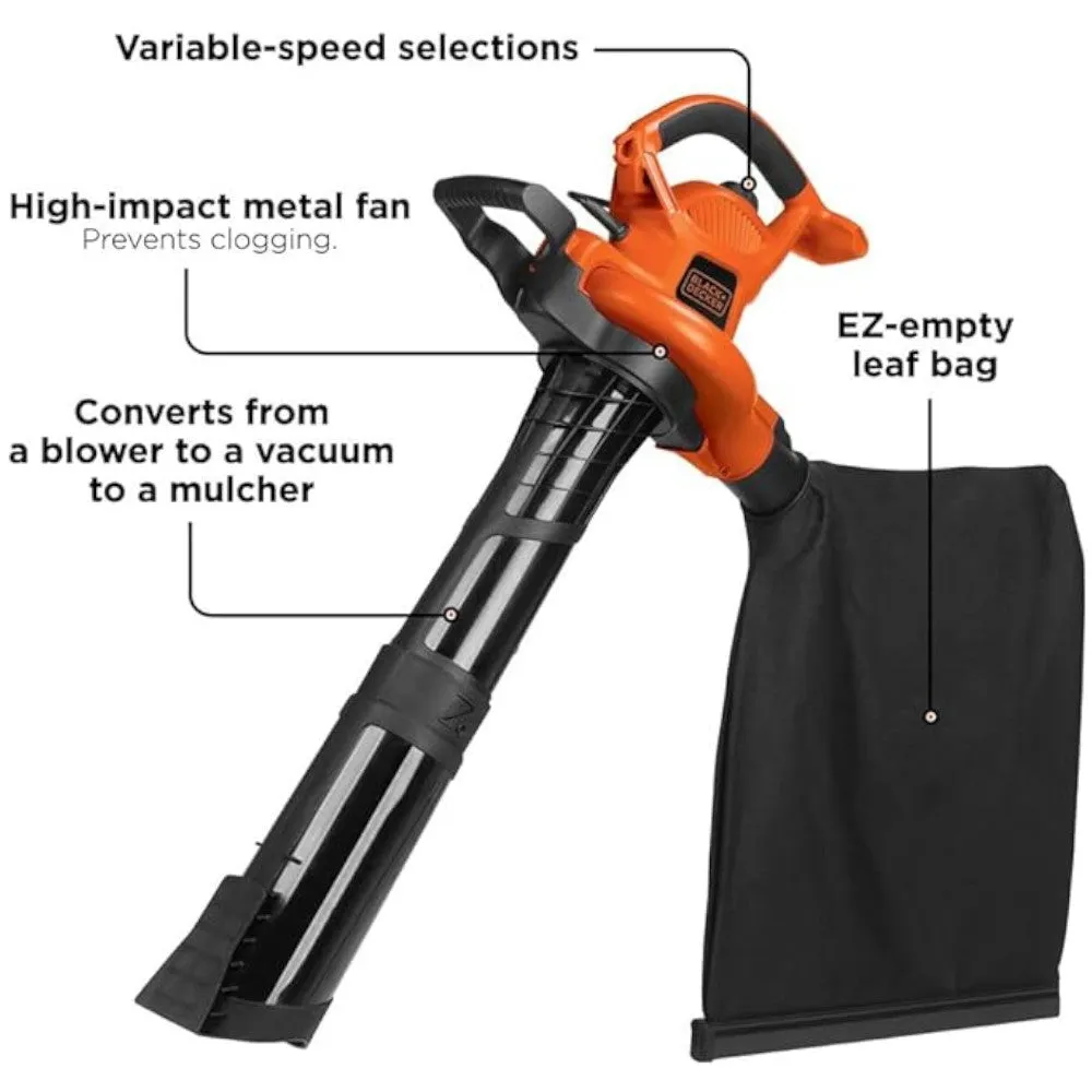 BLACK DECKER BV6600 3-in-1 Electric Leaf Blower-Refurbished with Full Manufacturer Warranty