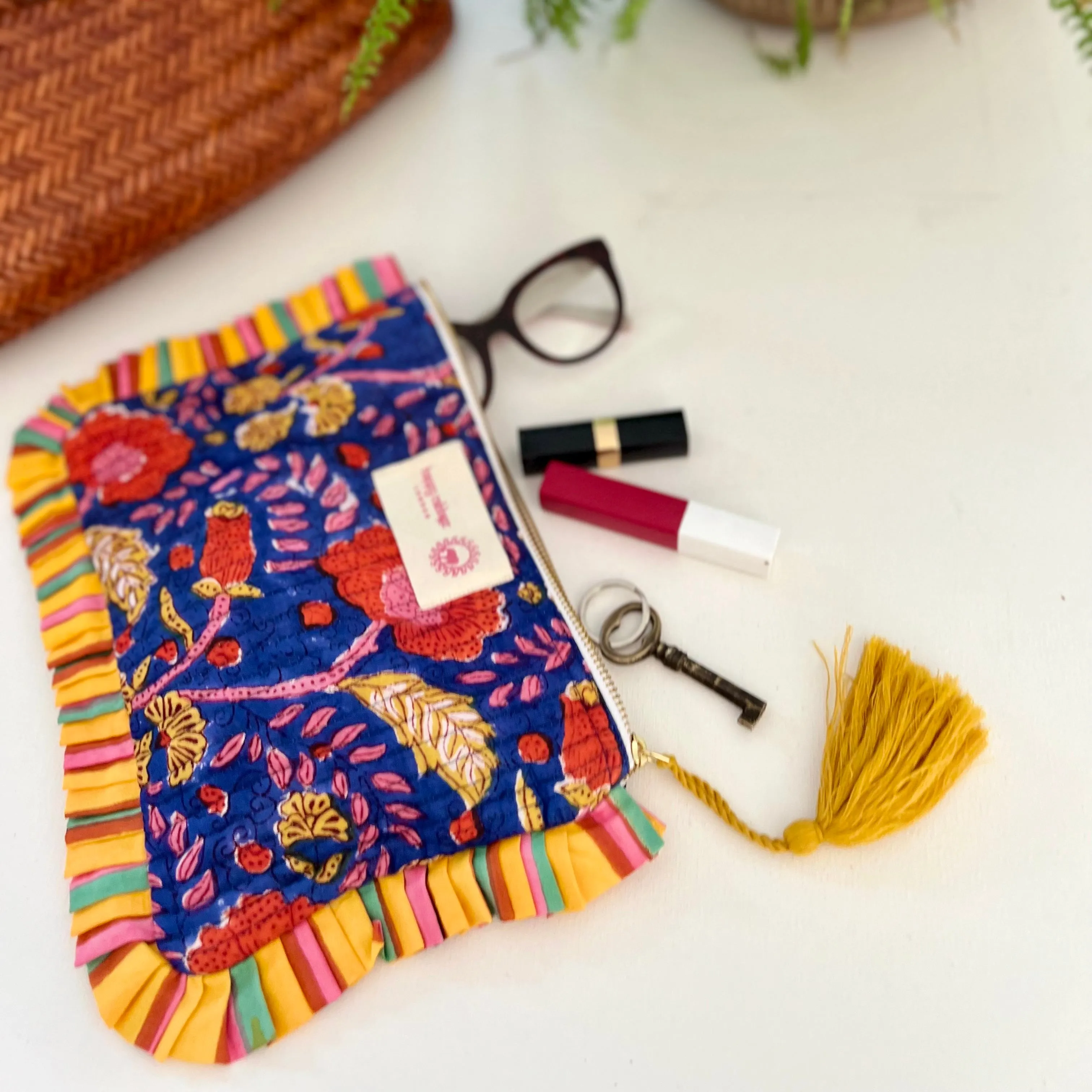 Block Printed Cotton Pouch - Blue, Red & Yellow