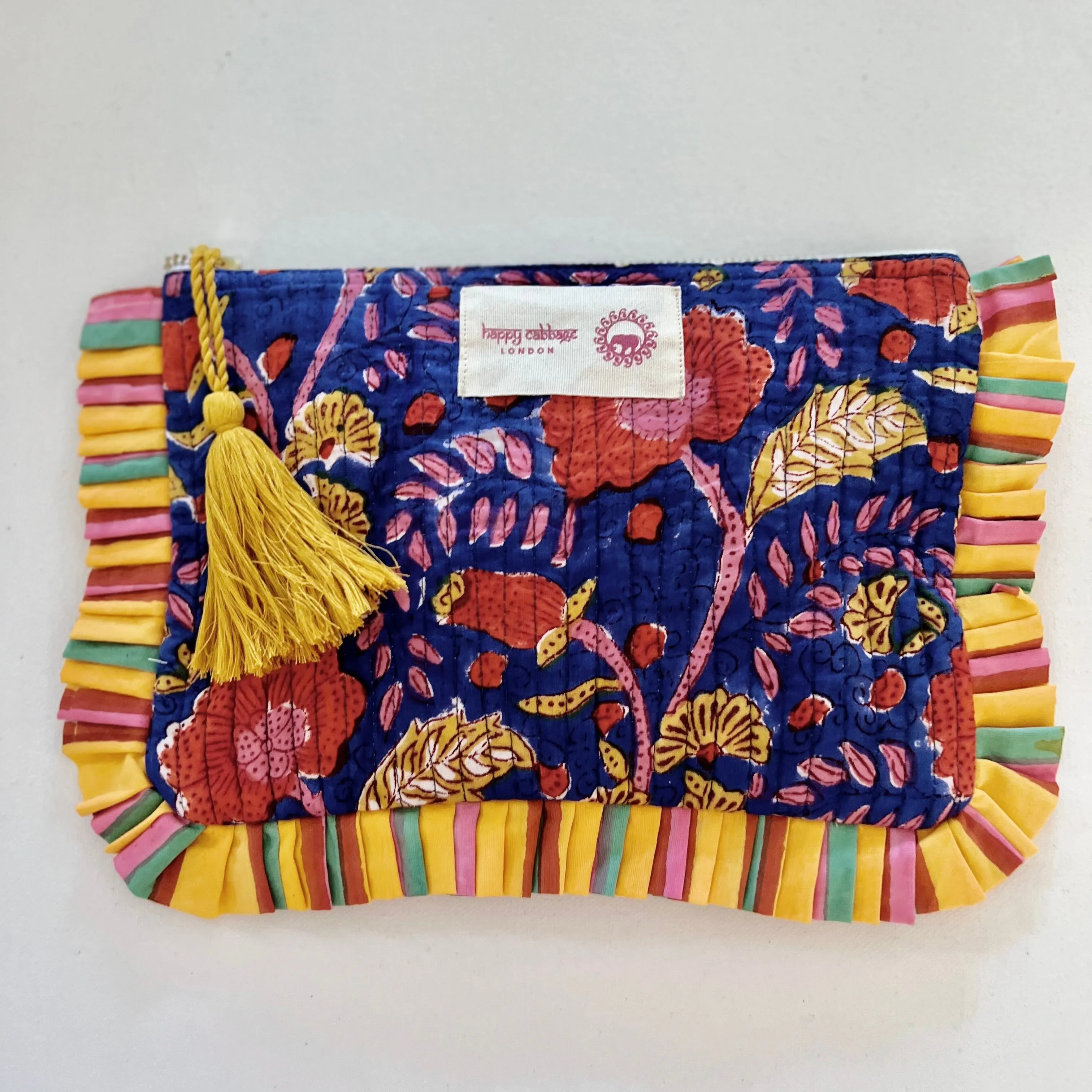 Block Printed Cotton Pouch - Blue, Red & Yellow