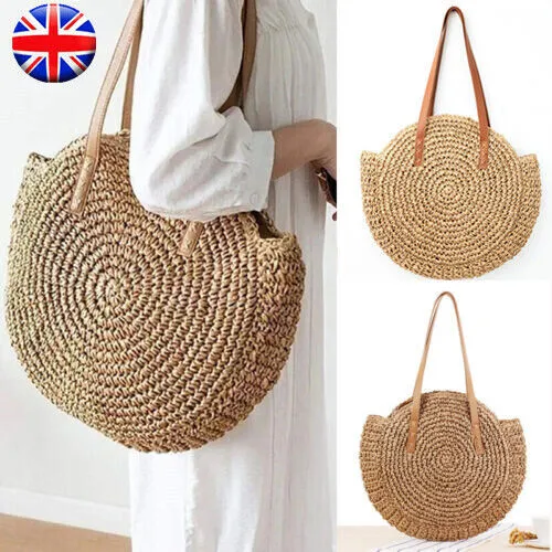 Boho Woven Round Rattan Shoulder Beach Tote