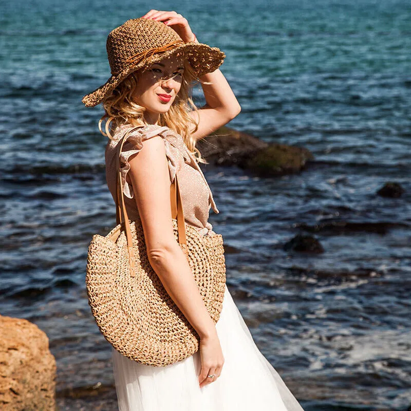 Boho Woven Round Rattan Shoulder Beach Tote