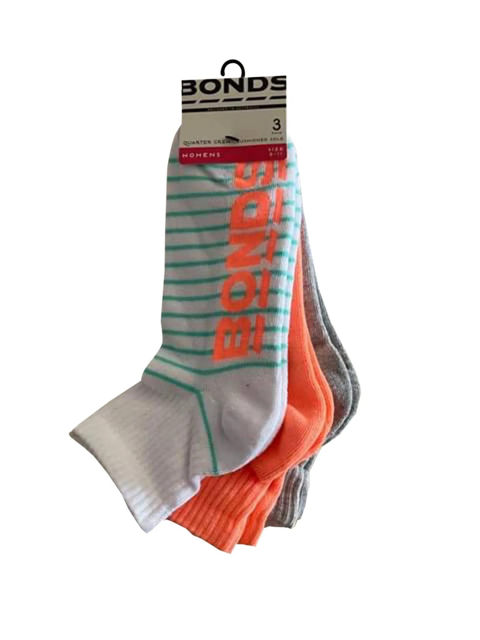 Bonds Womens Logo Quarter Crew 3 Pack Socks - Green Stripe/Peach/Grey