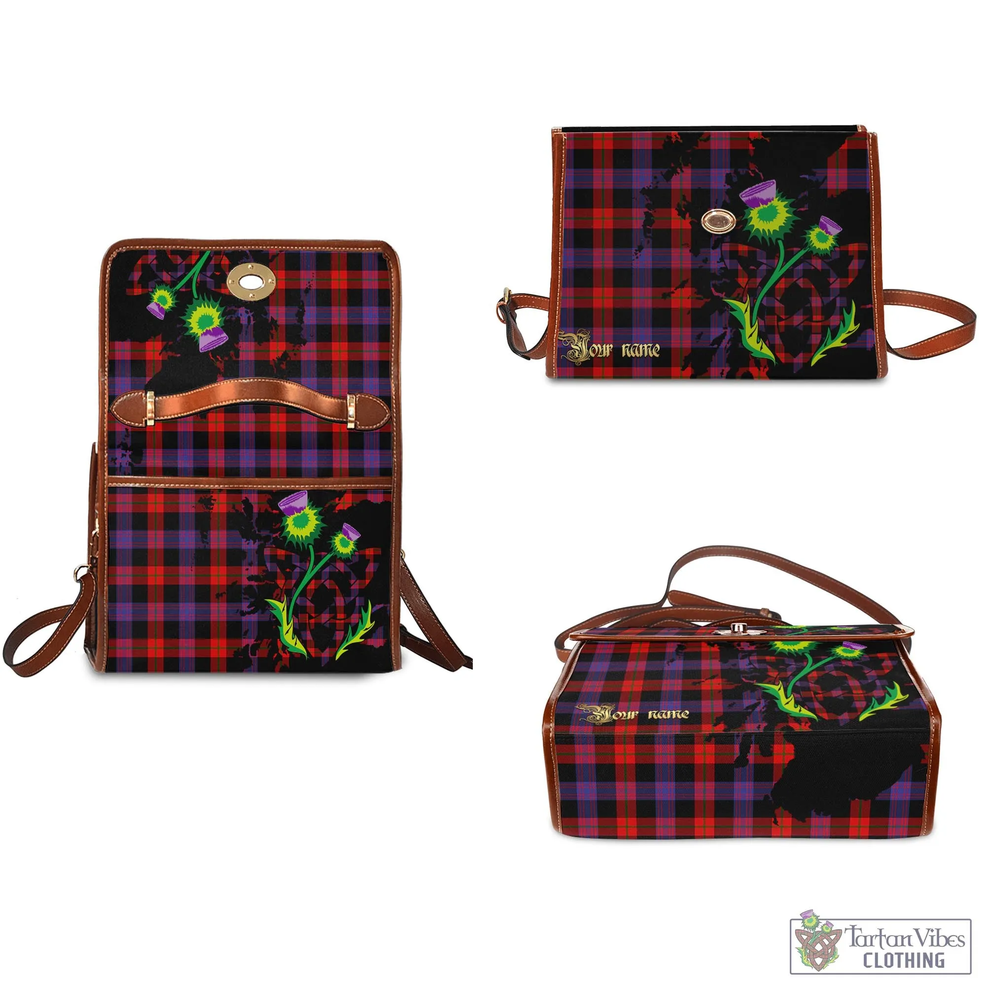 Brown (Broun) Tartan Waterproof Canvas Bag with Scotland Map and Thistle Celtic Accents