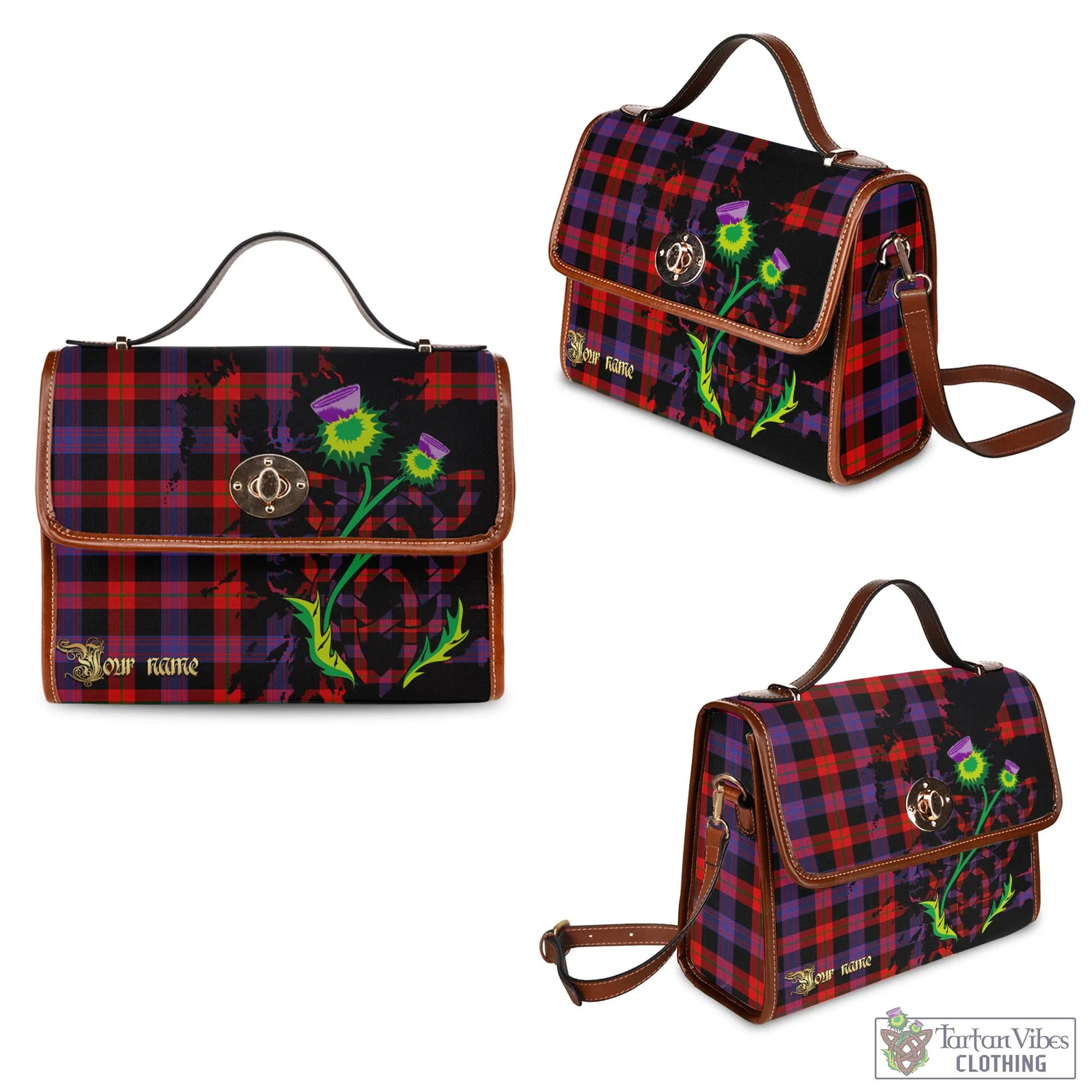 Brown (Broun) Tartan Waterproof Canvas Bag with Scotland Map and Thistle Celtic Accents