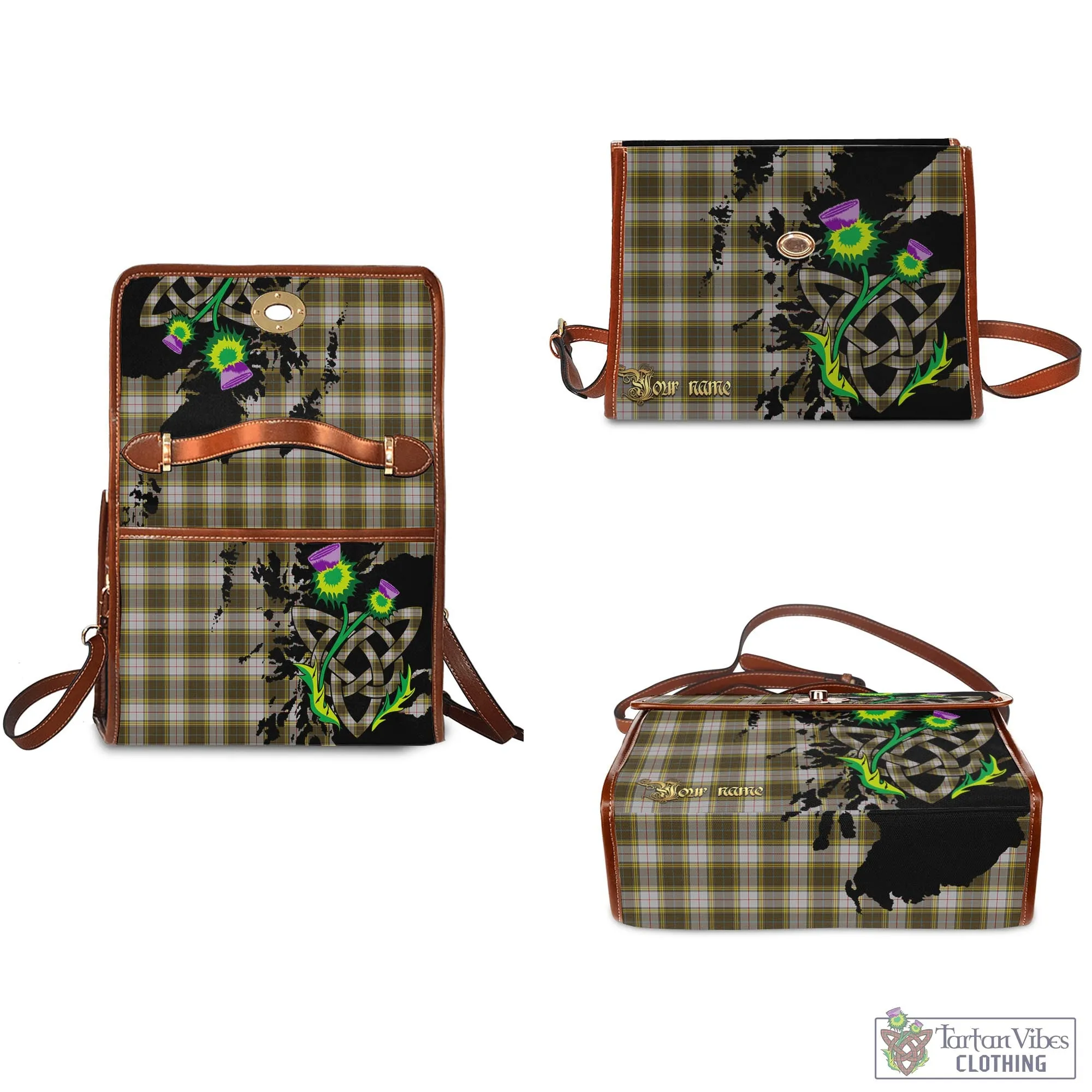 Buchanan Dress Tartan Waterproof Canvas Bag with Scotland Map and Thistle Celtic Accents