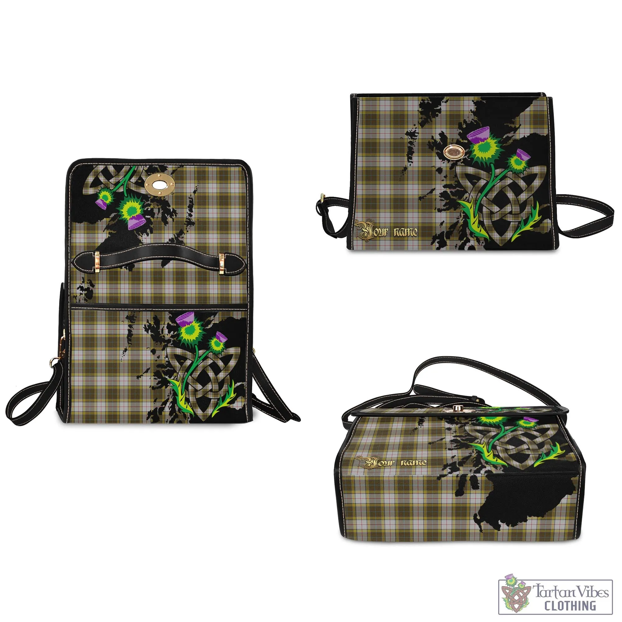 Buchanan Dress Tartan Waterproof Canvas Bag with Scotland Map and Thistle Celtic Accents