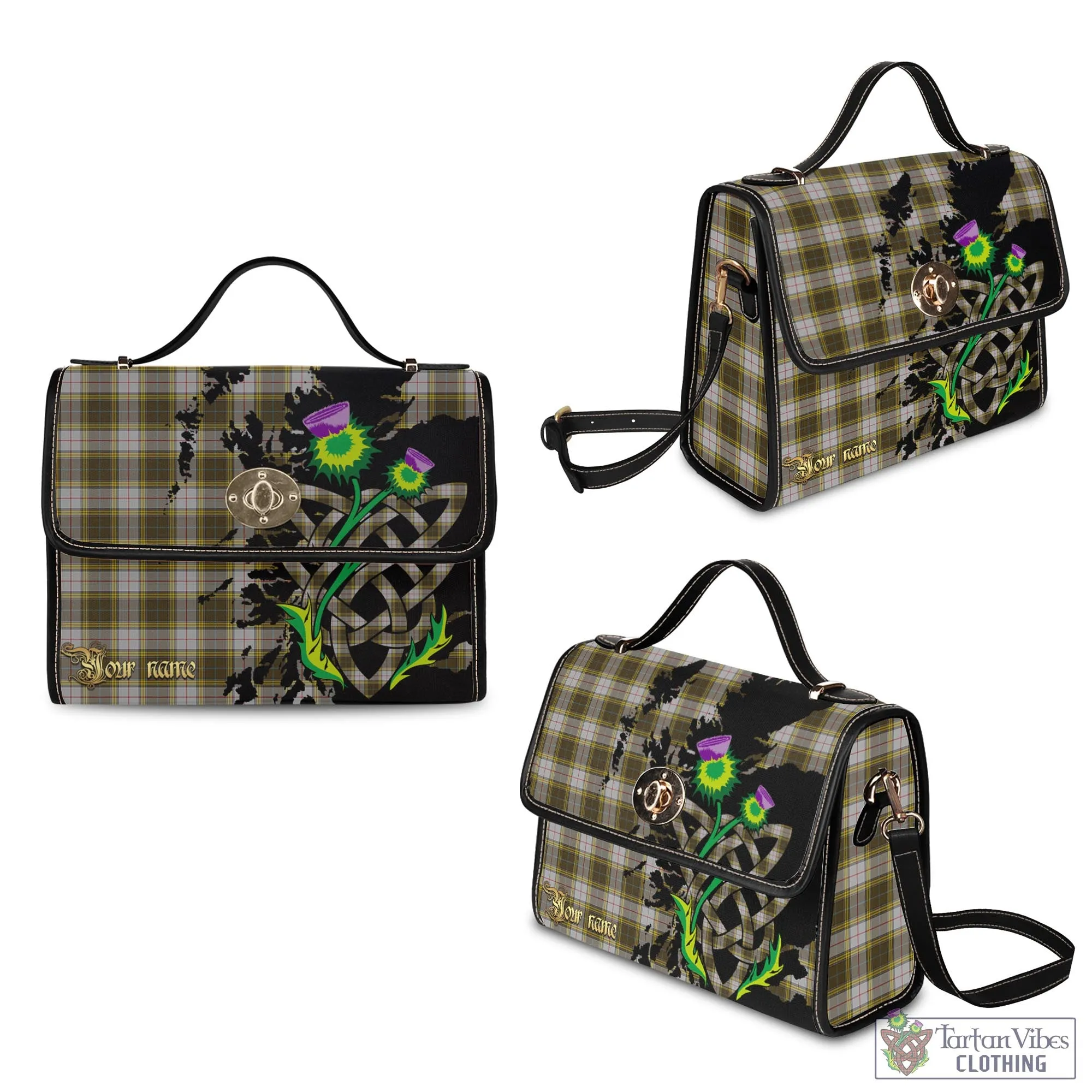 Buchanan Dress Tartan Waterproof Canvas Bag with Scotland Map and Thistle Celtic Accents