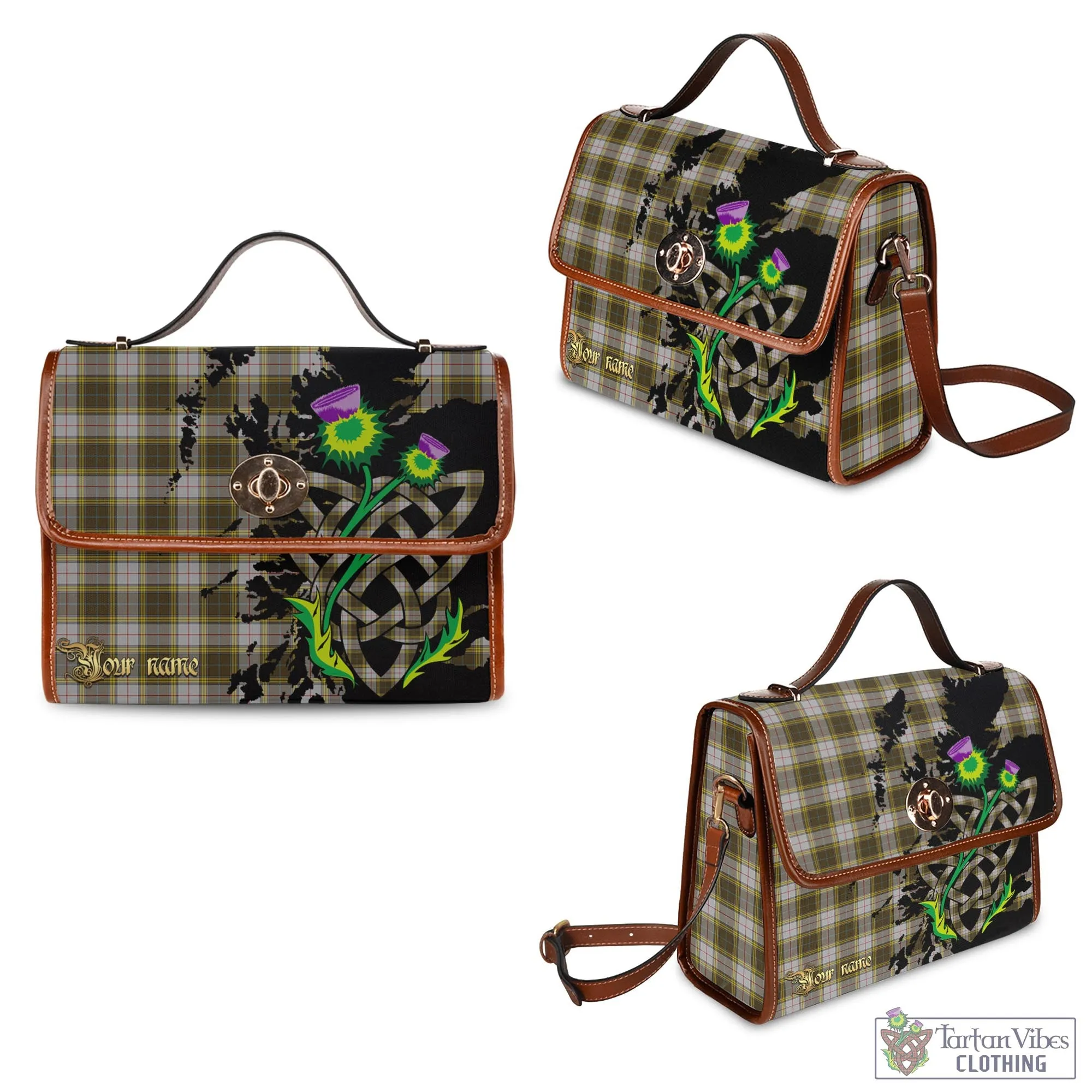 Buchanan Dress Tartan Waterproof Canvas Bag with Scotland Map and Thistle Celtic Accents