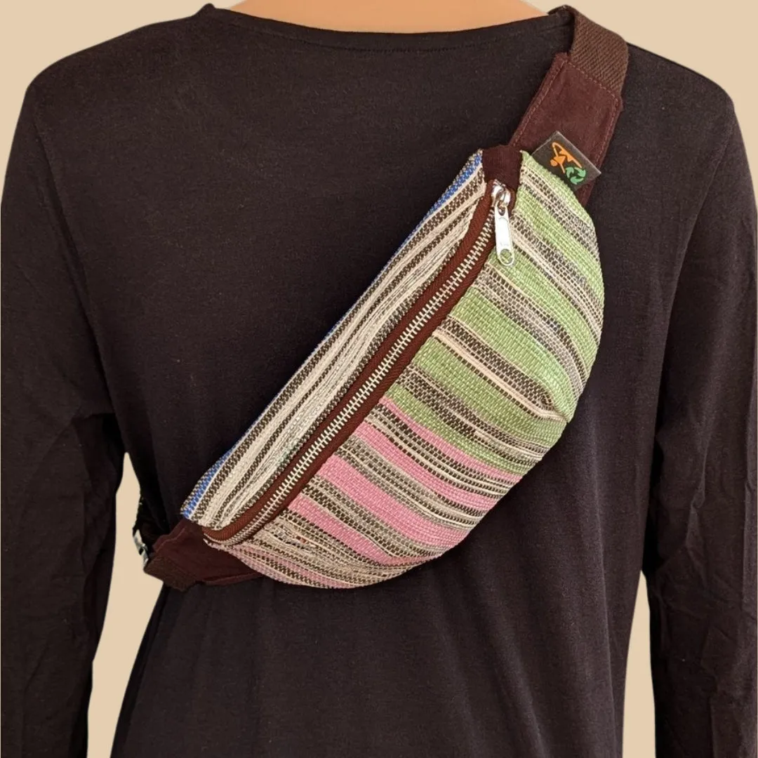 Cassette Tape Brown Multicolored Striped Upcycled Handwoven Fanny Pack (FP1124-010) PS_W