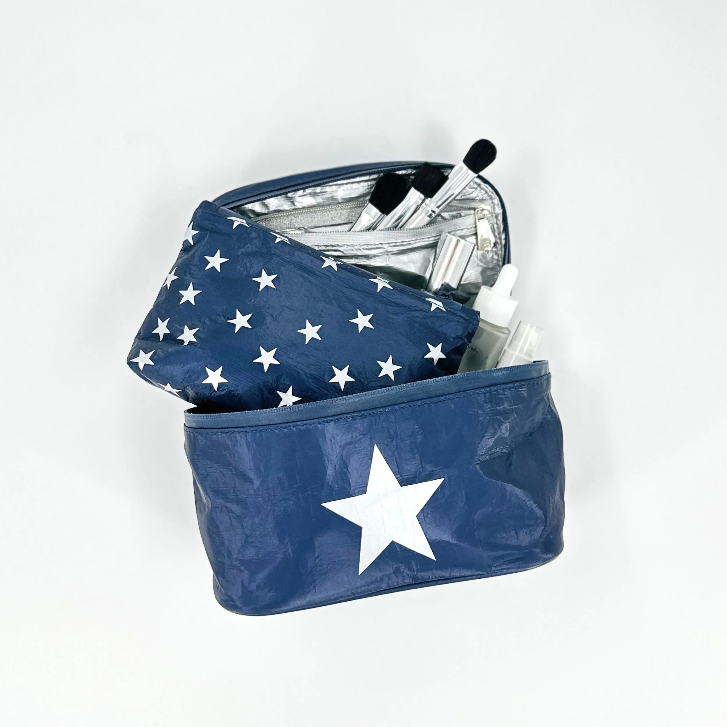 Cosmetic Case or Lunch Box in Shimmer Navy Blue with Silver Star