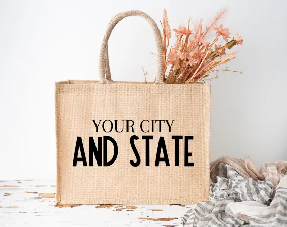 CUSTOM City and State Burlap Tote Bag