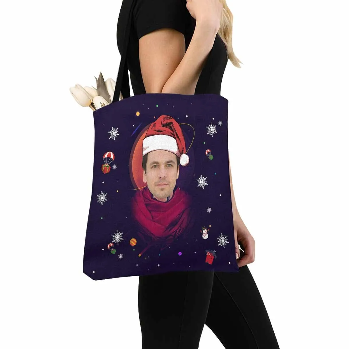 Custom Face Christmas Hat Canvas Tote Bag