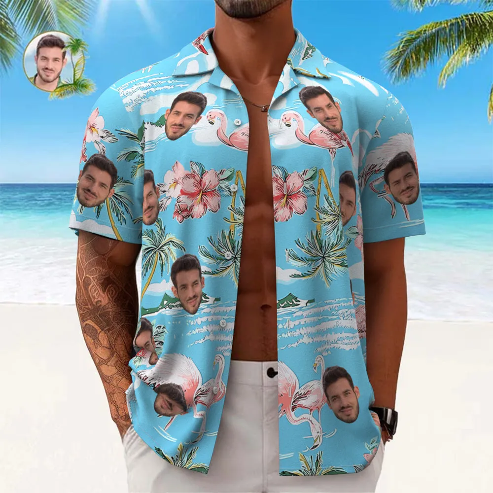 Custom Face Hawaiian Shirt Men's All Over Print Aloha Shirt Gift - Pink Flamingos and Flowers