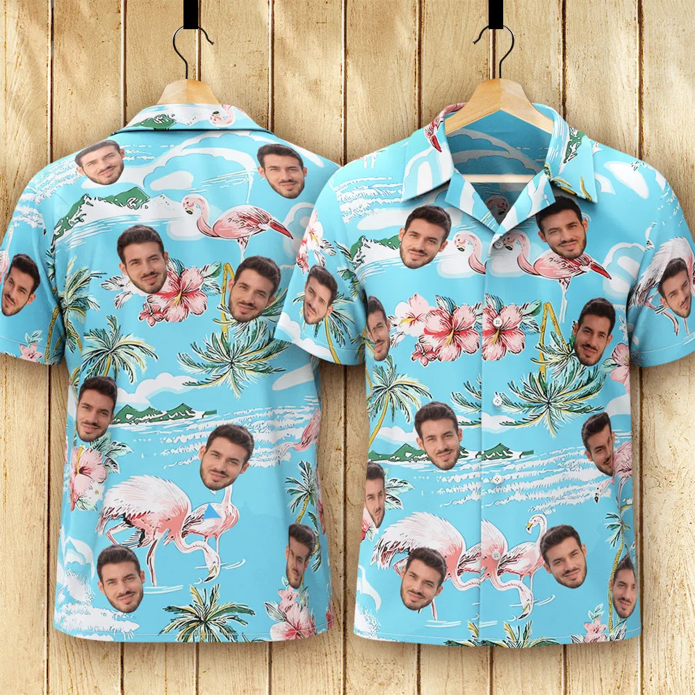 Custom Face Hawaiian Shirt Men's All Over Print Aloha Shirt Gift - Pink Flamingos and Flowers