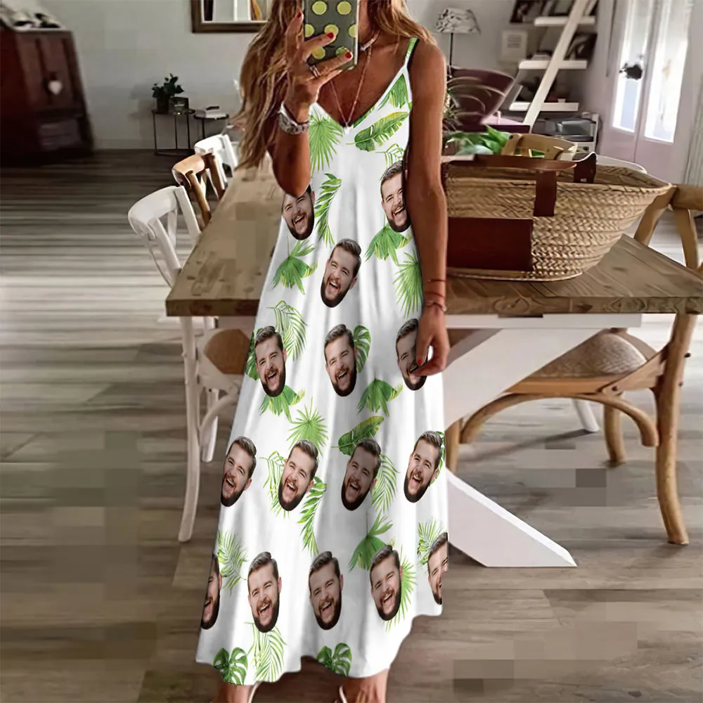 Custom Face Hawaiian Style Fresh Palm Leaves Long Dress And Shirt Couple Outfit