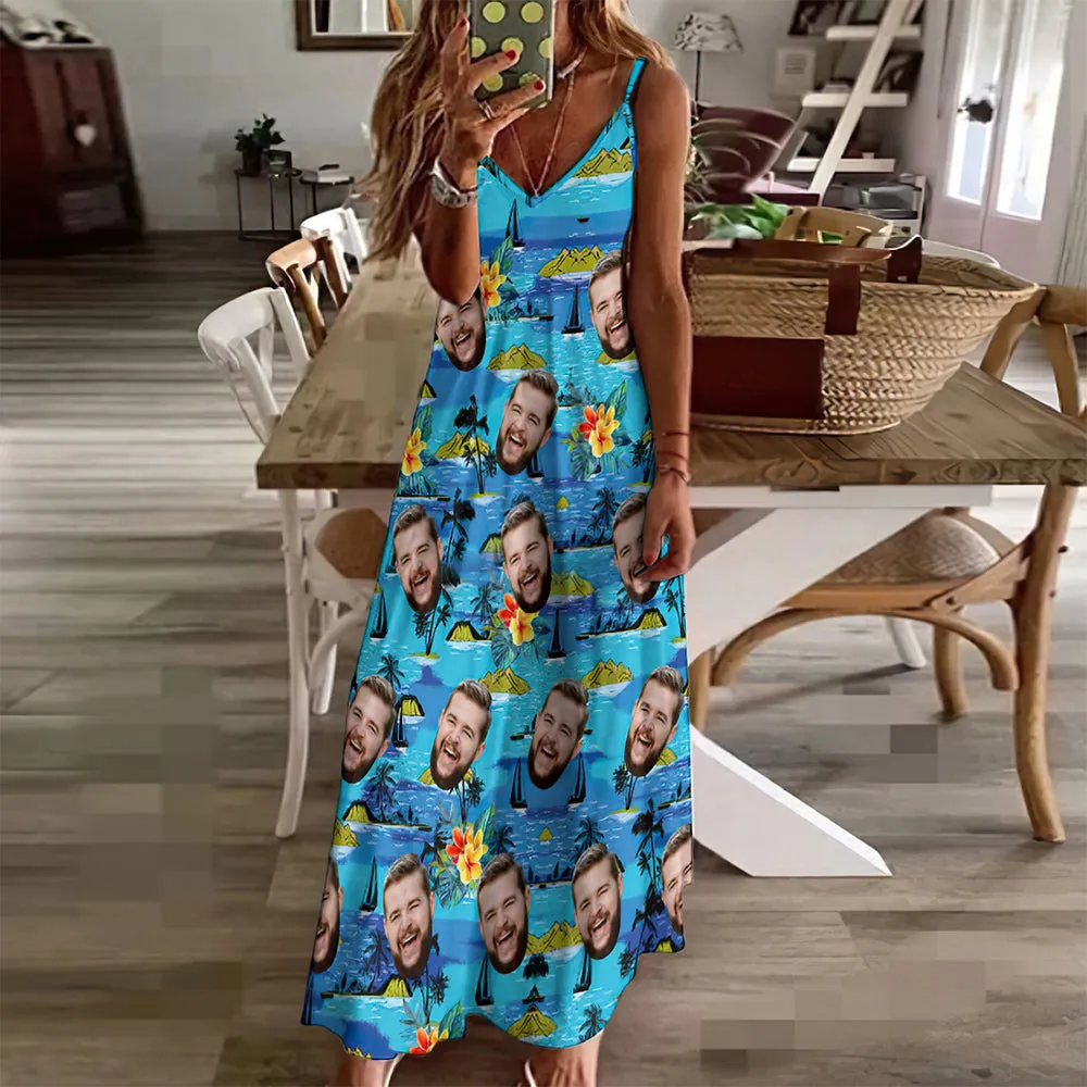 Custom Face Hawaiian Style Vice City Large Leaves Long Dress And Shirt Family Matching