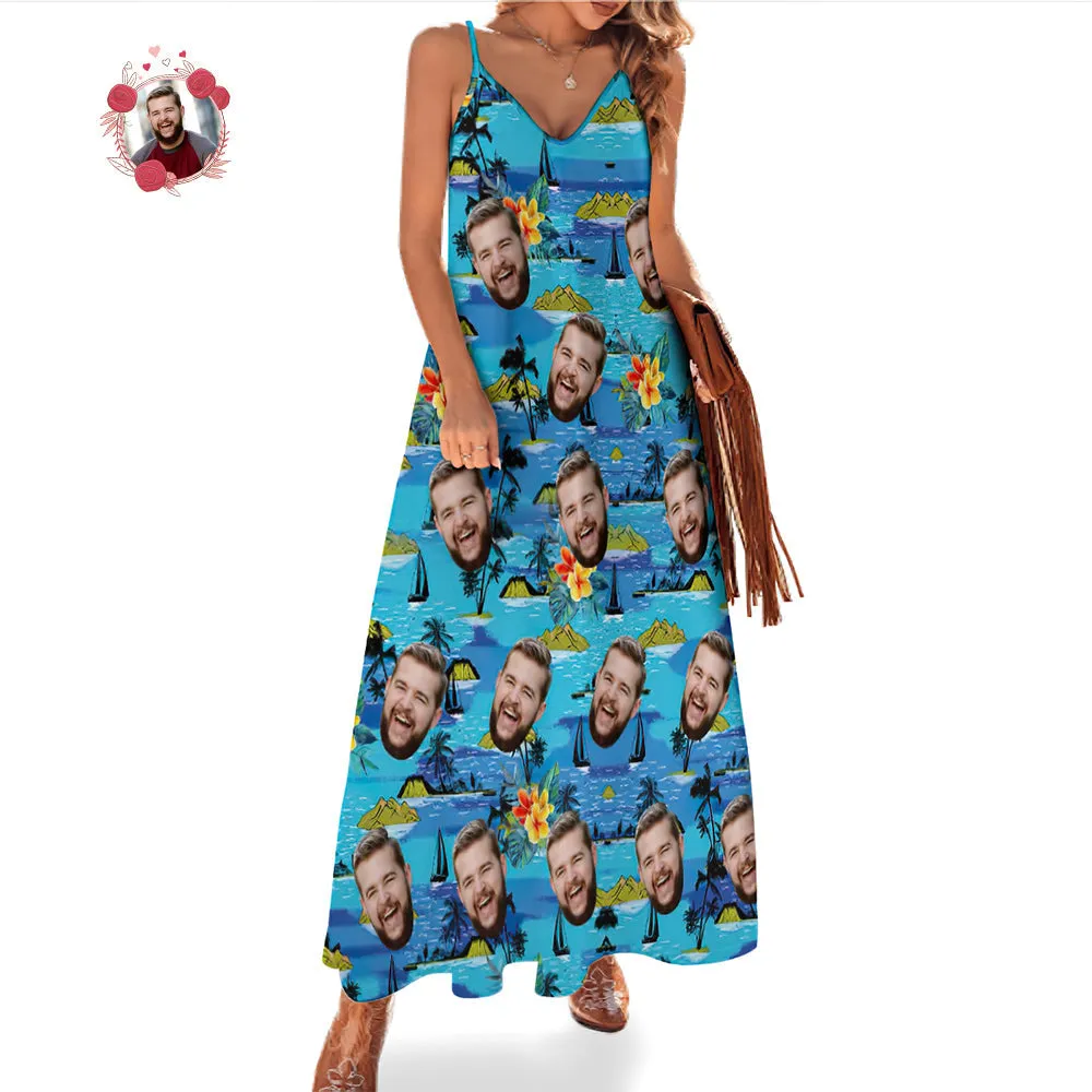 Custom Face Hawaiian Style Vice City Large Leaves Long Dress And Shirt Family Matching