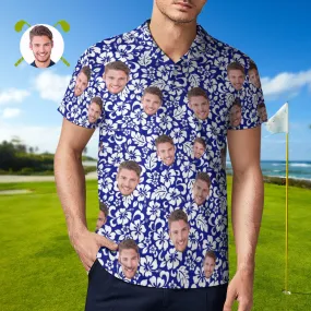 Custom Face Polo Shirt For Men Personalised Blue Hawaiian Golf Shirts