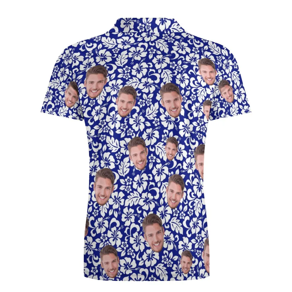 Custom Face Polo Shirt For Men Personalised Blue Hawaiian Golf Shirts