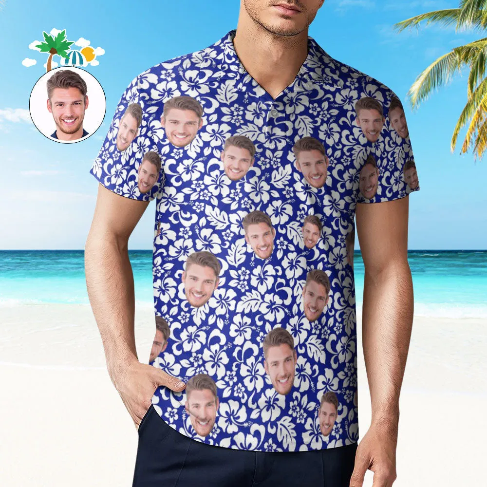 Custom Face Polo Shirt For Men Personalised Blue Hawaiian Golf Shirts