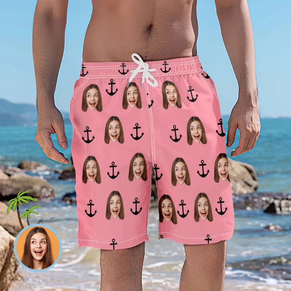 Custom Face Swim Trunks Personalized Pink Beach Shorts Funny Men's Casual Shorts