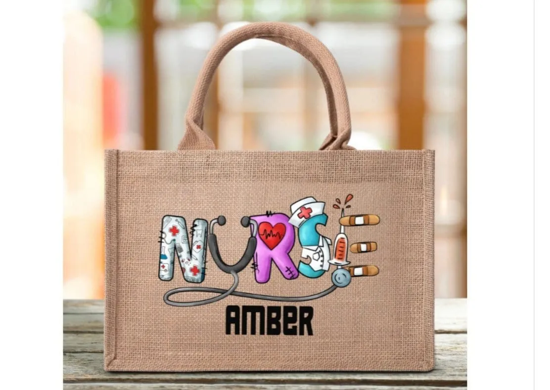 Custom Nurse Name Reusable Jute Burlap Tote Bag