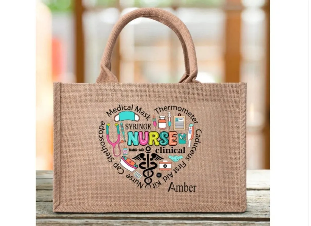 Custom Nurse Name Reusable Jute Burlap Tote Bag