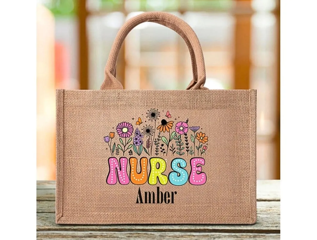 Custom Nurse Name Reusable Jute Burlap Tote Bag