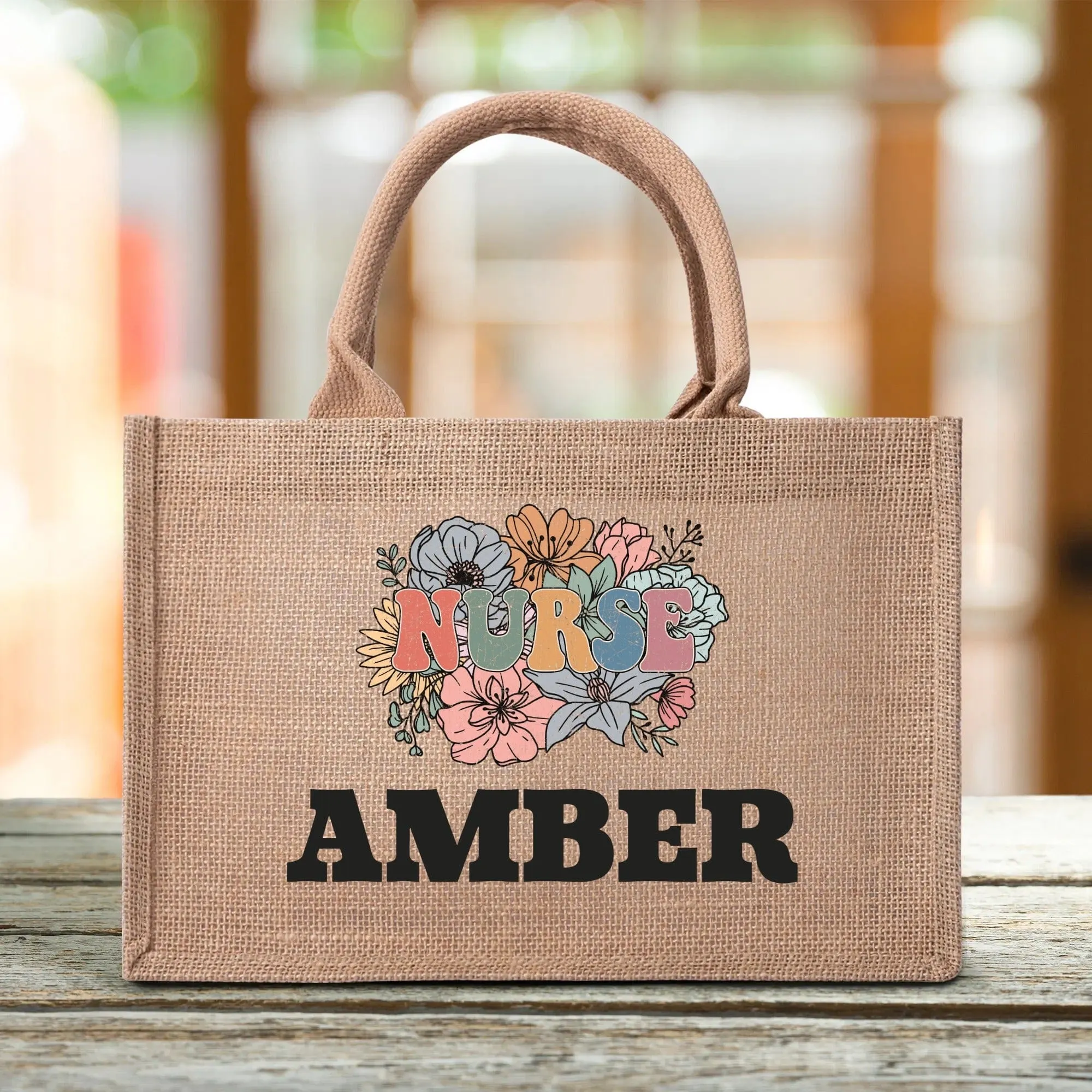 Custom Nurse Name Reusable Jute Burlap Tote Bag