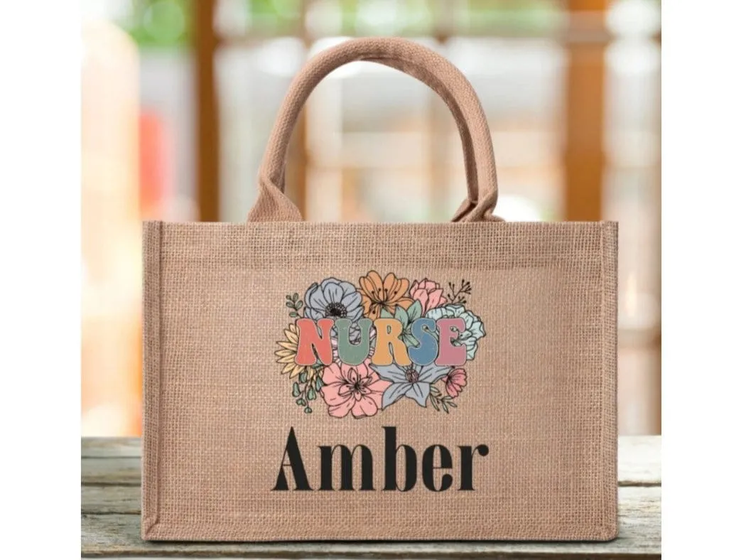 Custom Nurse Name Reusable Jute Burlap Tote Bag