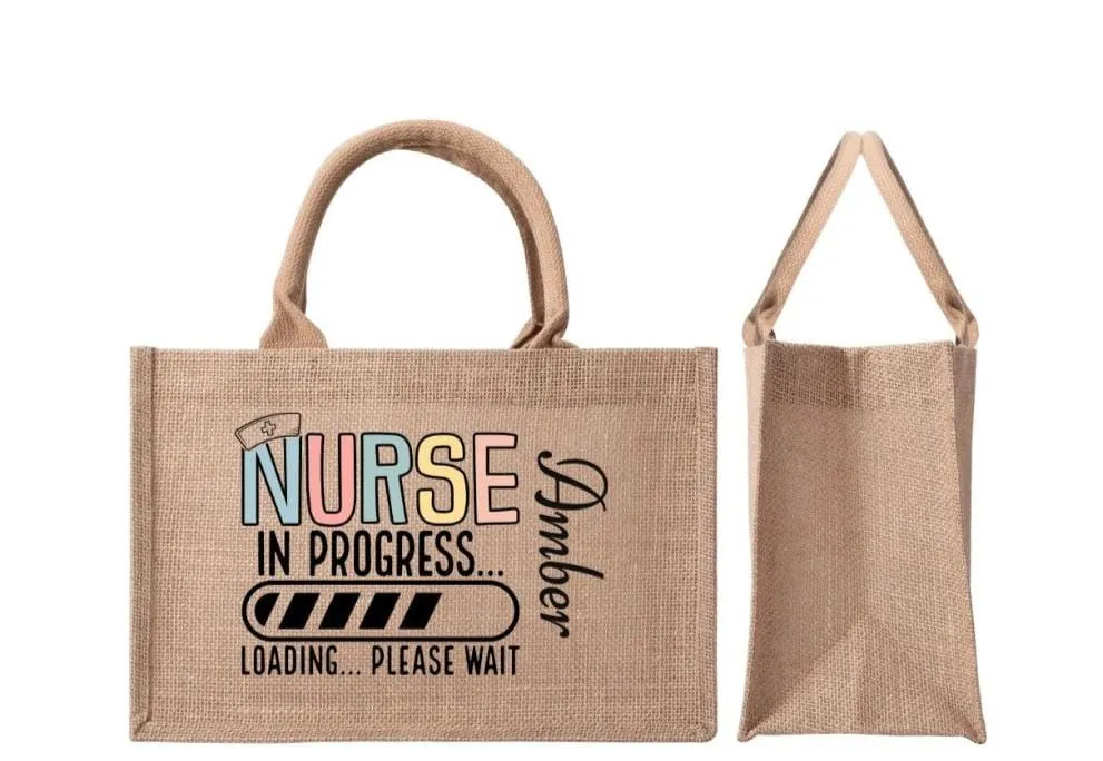 Custom Nurse Name Reusable Jute Burlap Tote Bag