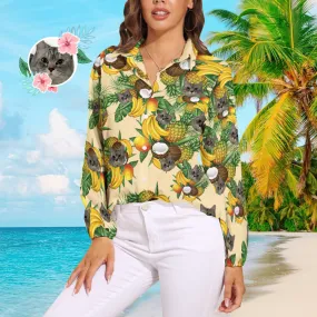 Custom Pet Face Hawaiian Shirts Tropical Fruit Long Sleeves Hawaiian Shirts for Women