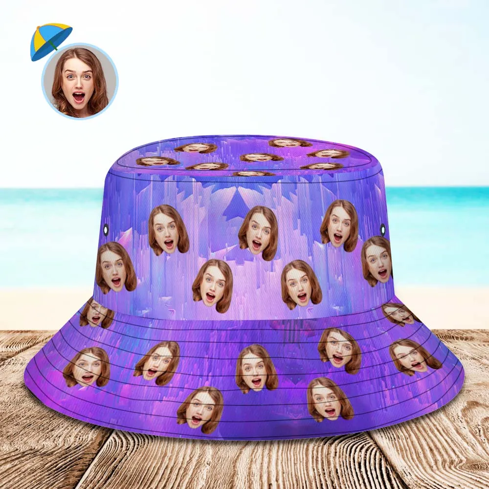 Custom Photo Bucket Hat Unisex Personalised Face Hiking Beach Sports Hats Purple and Blue Abstract Texture