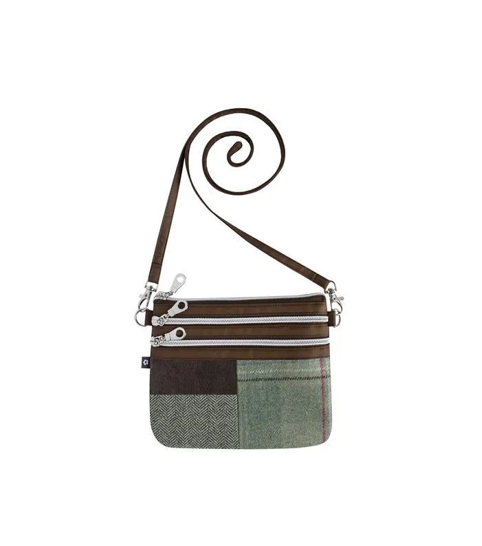 Earth Squared - 3 Zip Pouch Crossbody Bag - Patchwork Tweed Wool - Fenton - Brown/Green - 18.5x16cms