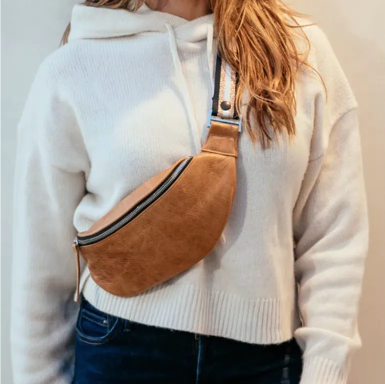 Fanny Pack   Crossbody Bag | Distressed Cognac Leather   Silver Hardware