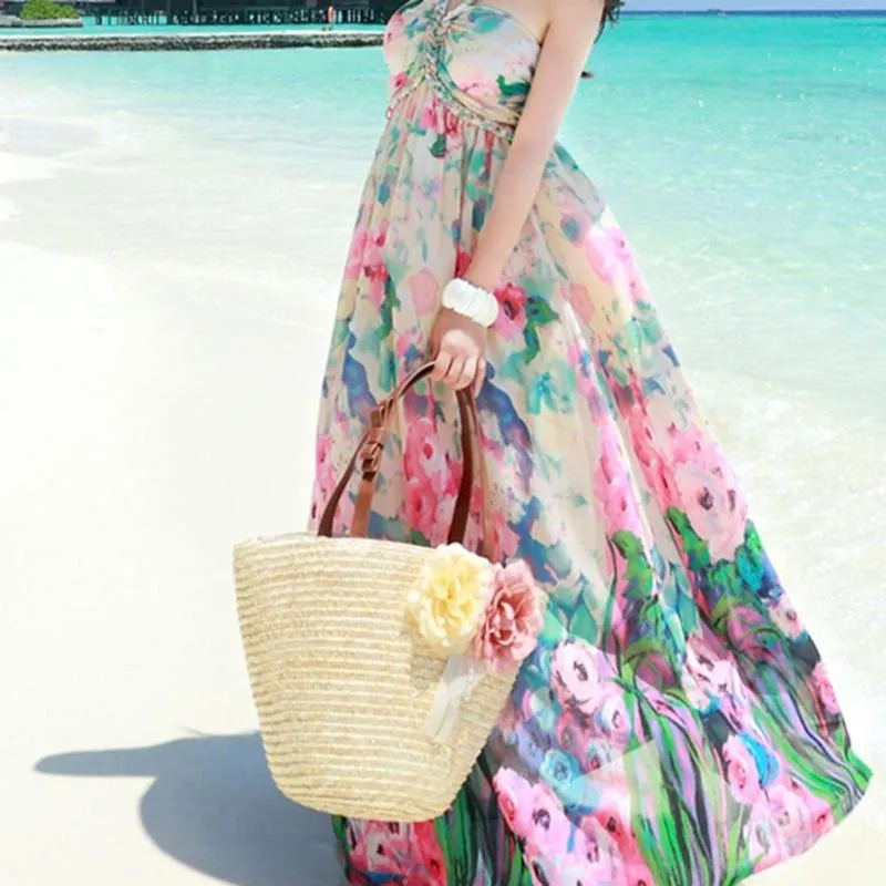 Floral & Ribbon Straw Woven Beach Tote Bag