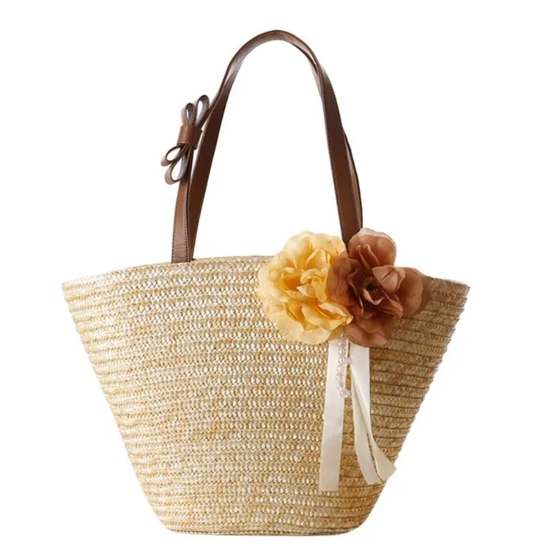 Floral & Ribbon Straw Woven Beach Tote Bag