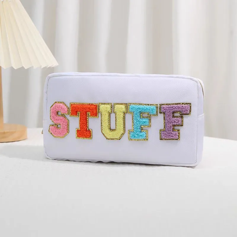 Fuzzy Letters Embroidered Faux Leather Makeup Cosmetic Bag