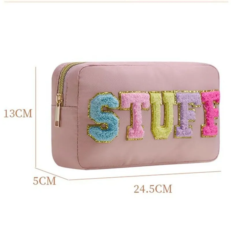 Fuzzy Letters Embroidered Faux Leather Makeup Cosmetic Bag