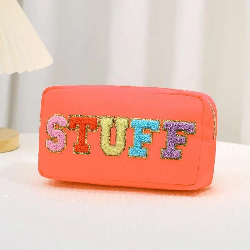 Fuzzy Letters Embroidered Faux Leather Makeup Cosmetic Bag