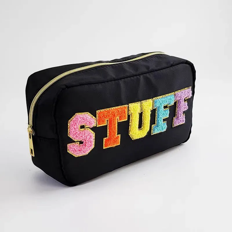 Fuzzy Letters Embroidered Faux Leather Makeup Cosmetic Bag